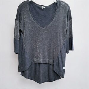 Splendid Blue V-Neck 3/4 Sleeve Long Sleeve Silver Metallic Shimmer Blouse XS